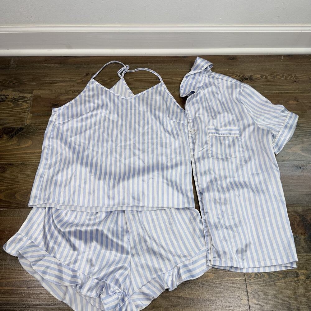Satin Striped Pajama Set Womens S Blue White Short Sleeve Ruffle Shorts Coquette